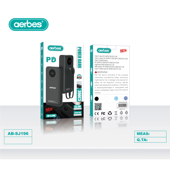Power Bank Aerbes AB-SJ196 — 20000 mAh, PD Fast Charge 22.5W