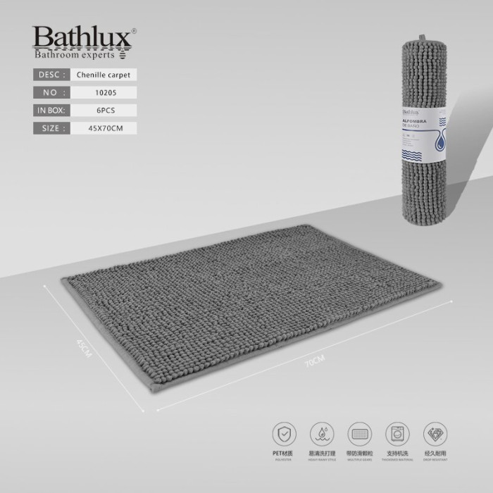 Коврик для ванной Bathlux шенильный серый 45x70 см антискользящий