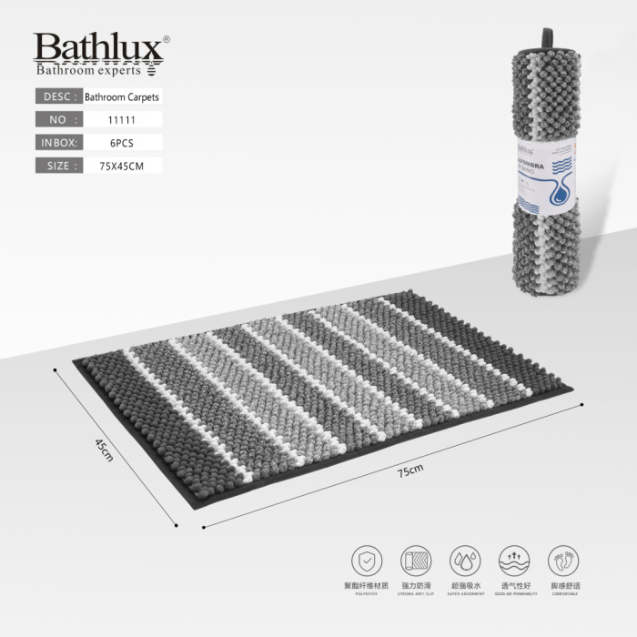 Килимок для ванної Bathlux сірий з білими смугами шеніл 75x45 см протиковзкий