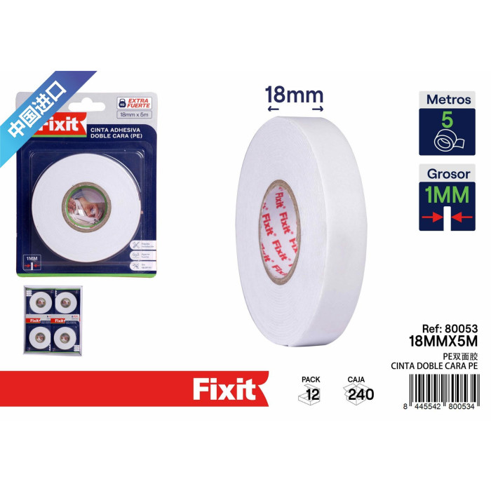Двостороння клейка стрічка Fixit PE біла 18мм x 5м товщина 1мм екстра міцна