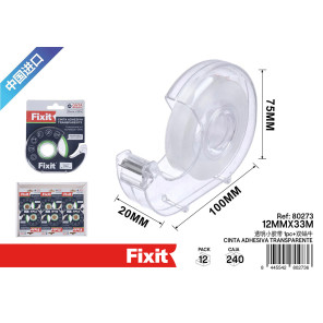 Клейкая прозрачная лента Fixit 12мм x 33м с держателем-диспенсером, набор 1шт