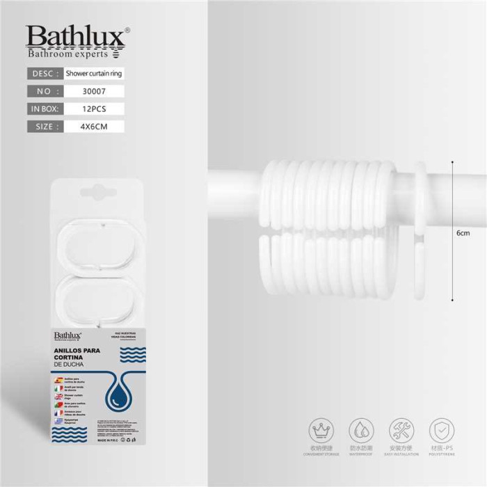 Кільця для шторки душової кабіни Bathlux білі пластикові 4x6 см 12 шт