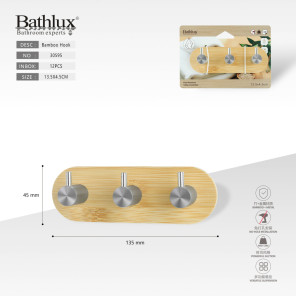 Настенный держатель из бамбука с 3 крючками Bathlux 13.5x4.5 см без сверления.