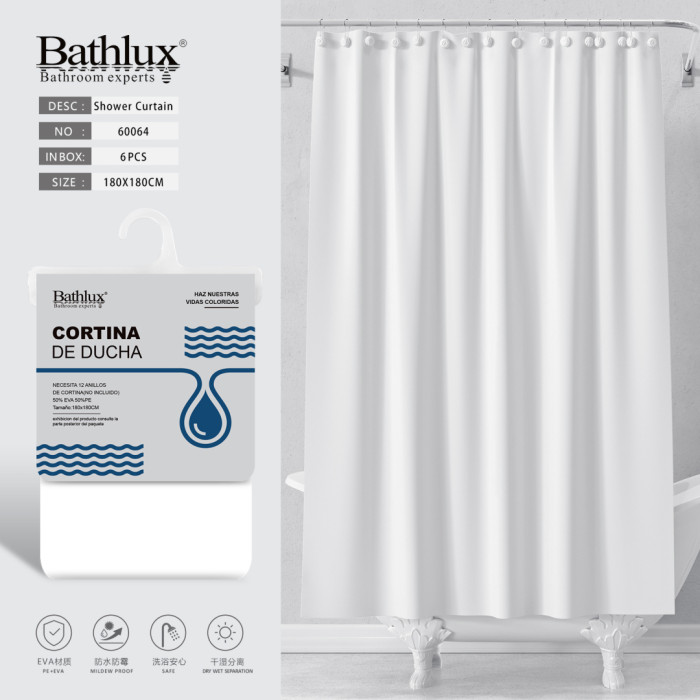 Шторка для душу Bathlux біла 180x180 см EVA+PE водонепроникна - захист від цвілі