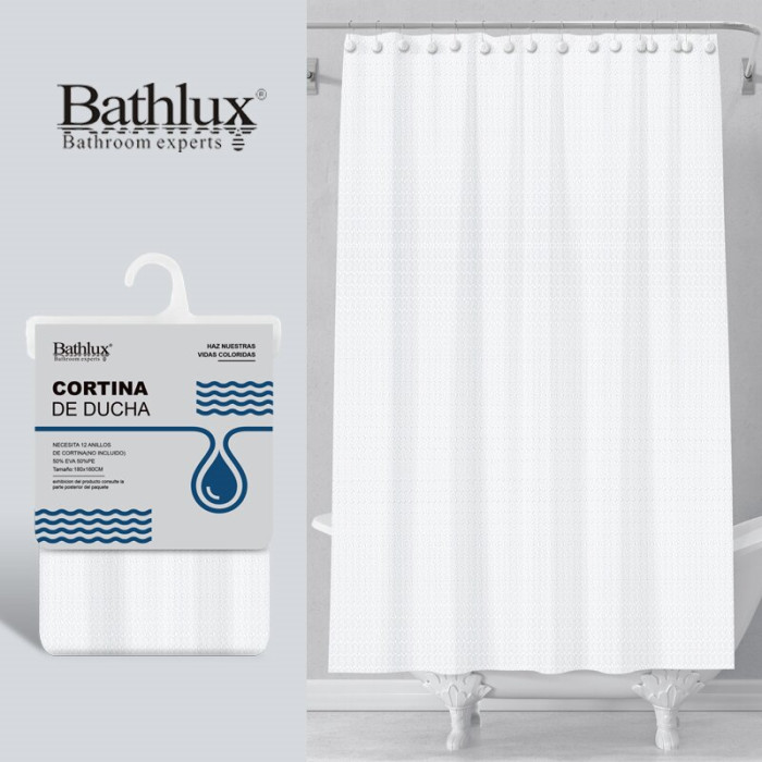 Шторка для душу Bathlux біла 180x180 см з кільцями водовідштовхувальна EVA+PE 60819