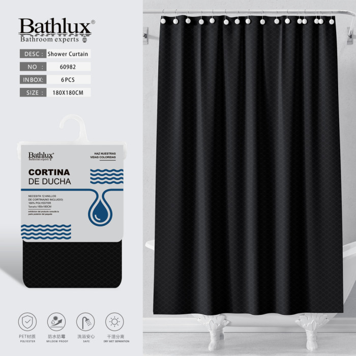Шторка для душу Bathlux чорна 180x180 см водовідштовхувальна поліестер 60982