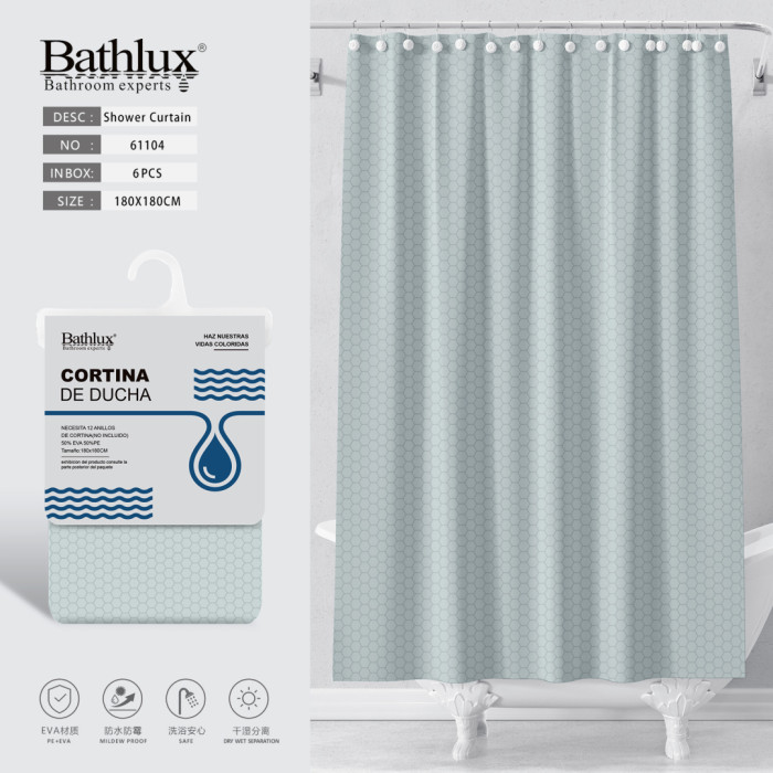 Шторка для душу Bathlux з візерунком стільника 180x180 см м'ятно-сіра EVA+PE