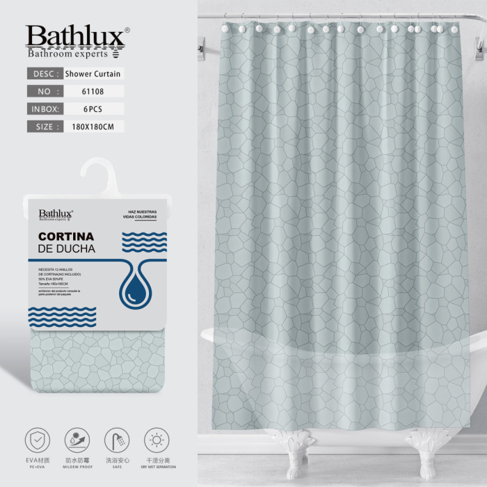 Шторка для душу Bathlux 180x180 см м'ятна з візерунком камінь EVA+PE водовідштовхувальна