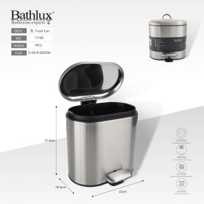Відро для сміття Bathlux 3L овальне з педаллю та плавним закриттям, нержавіюча сталь, 22x18.3x21.6 см
