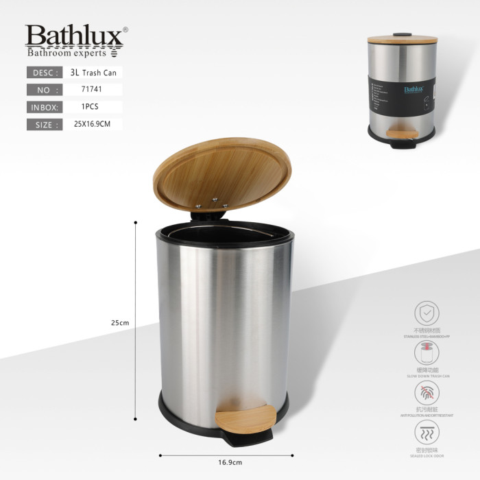 Відро для сміття Bathlux 3L з педаллю та бамбуковою кришкою, нержавіюча сталь, 25x16.9 см