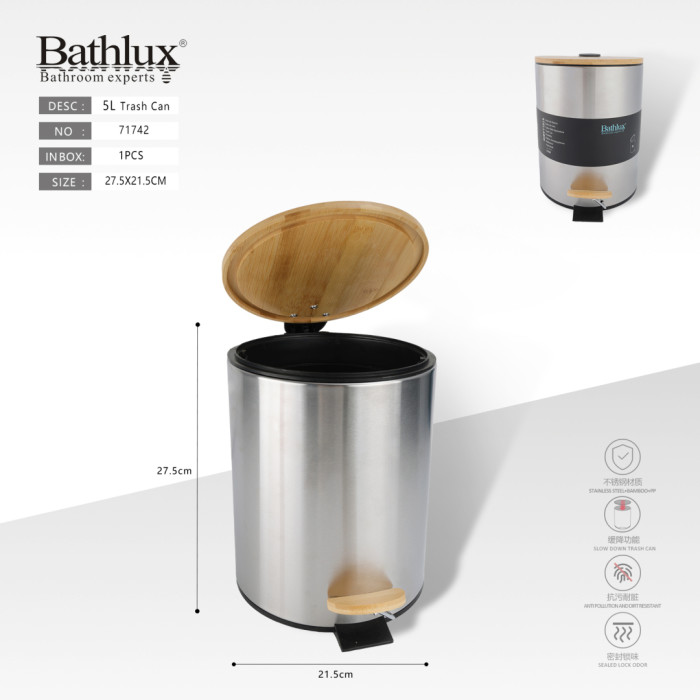 Відро для сміття Bathlux 5L з бамбуковою кришкою та педаллю, нержавіюча сталь, сріблясте