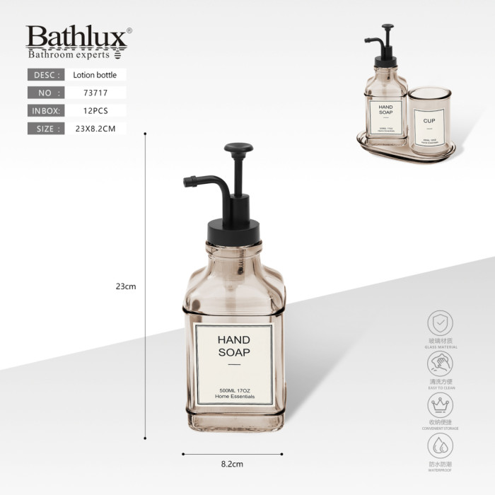 Скляний дозатор для мила Bathlux 500мл - квадратна пляшка кольору хакі з помпою
