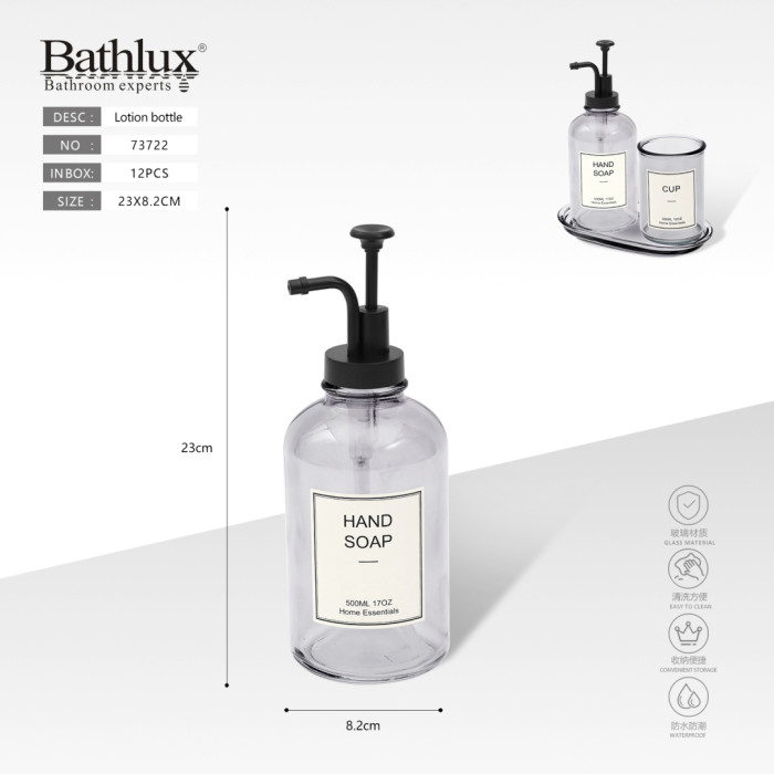 Скляний дозатор для мила Bathlux Hand Soap 500 мл сірий прозорий з чорним помпою 23 см