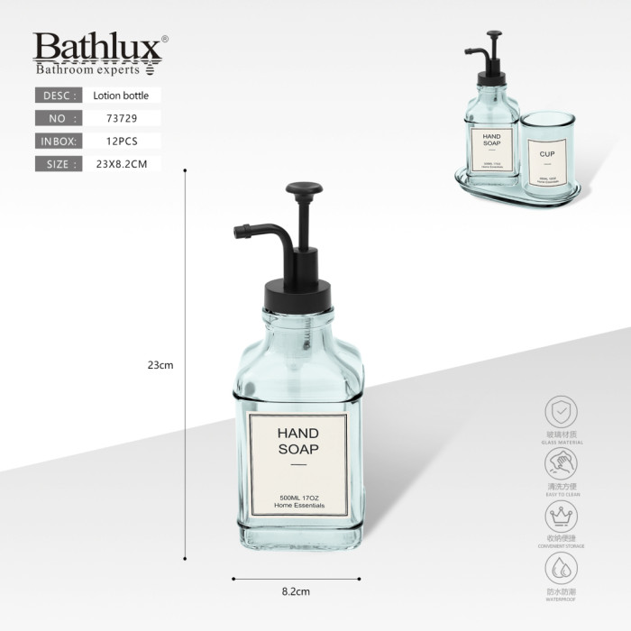 Скляний дозатор для рідкого мила Bathlux Hand Soap 500мл - блакитний 23x8.2см