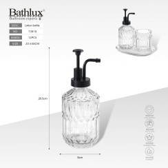 Скляний дозатор для рідкого мила Bathlux з алмазним рельєфом і чорним помпом 20.5x8 см