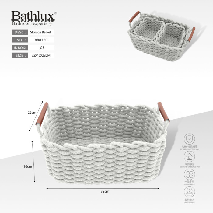 Кошик для зберігання плетений з бавовняного шнура з ручками Bathlux 32x16x22 см сірий