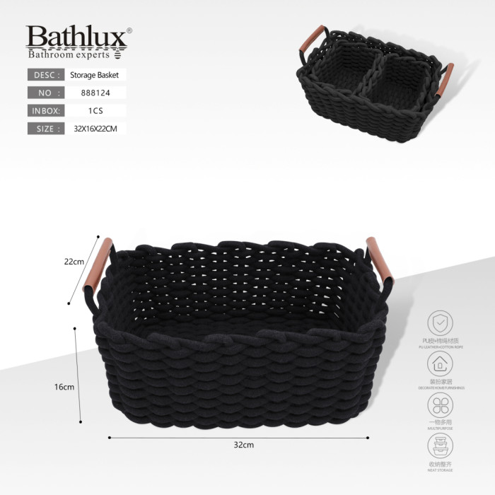 Кошик для зберігання плетений чорний з ручками 32x16x22 см Bathlux 888124