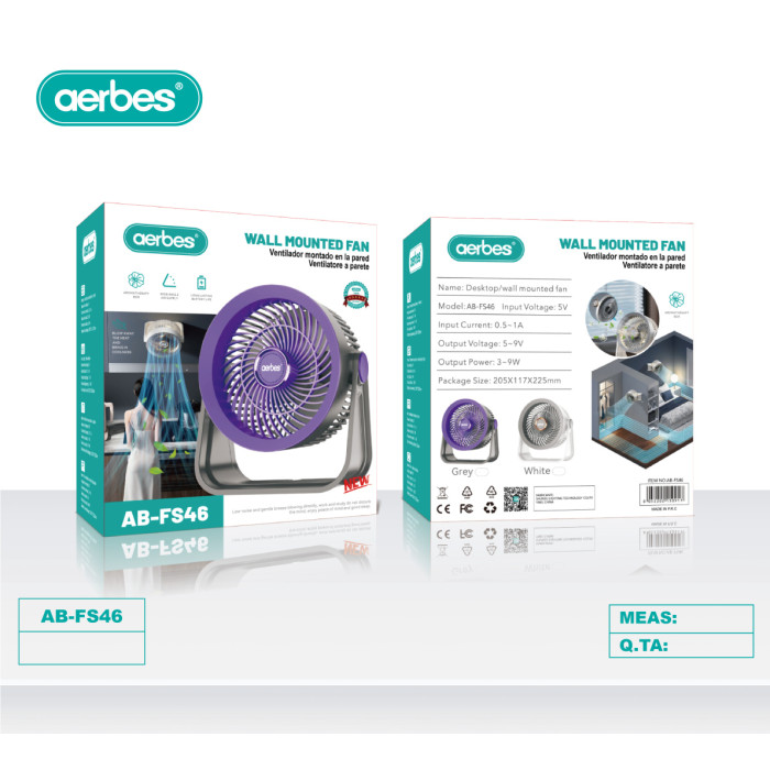 Настільний вентилятор Aerbes AB-FS46 з кріпленням на стіну 3-9W USB 5V фіолетовий
