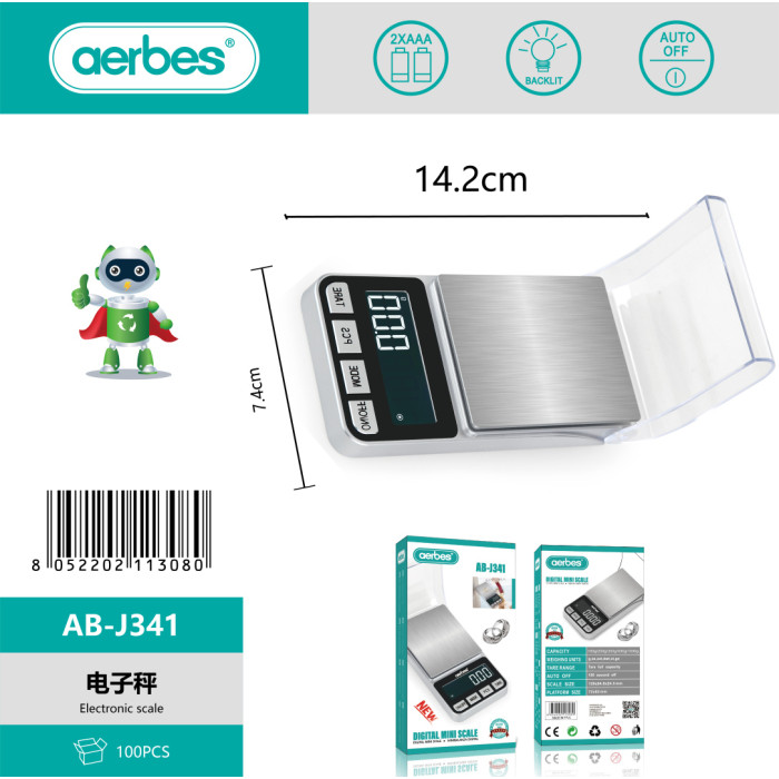 Ювелірні ваги Aerbes AB-J341 цифрові міні 500г/0.1г з підсвіткою LCD