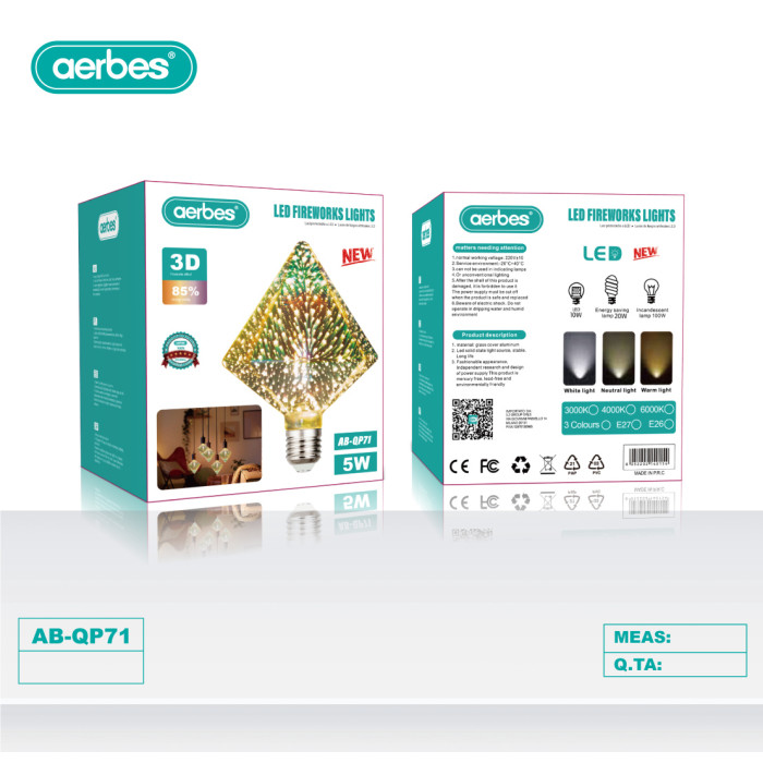 Світлодіодна лампа Aerbes AB-QP71 LED Fireworks 3D ефект феєрверку 5W E27 кольорова