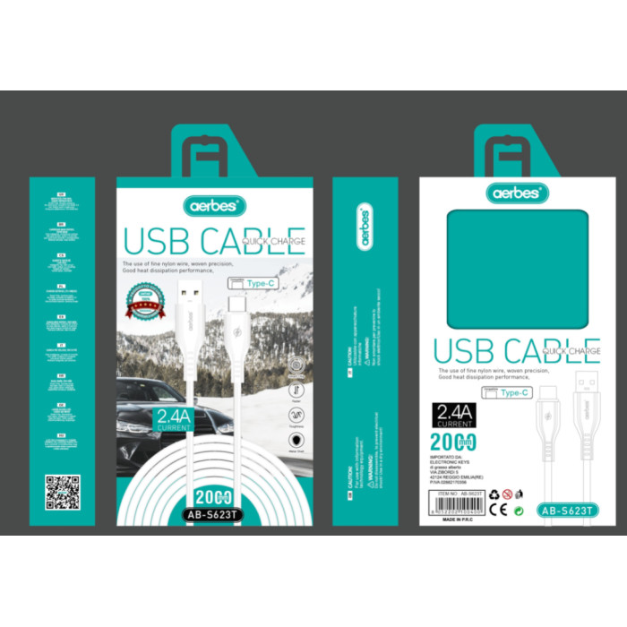 Кабель USB-C AB-S623-T, 2 м, 2,4 А, для передачі даних