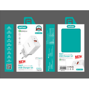 Зарядний пристрій Aerbes AB-SJ180-T Quick Charge 3.0 з кабелем Type-C 1м - 1USB 3A 220V