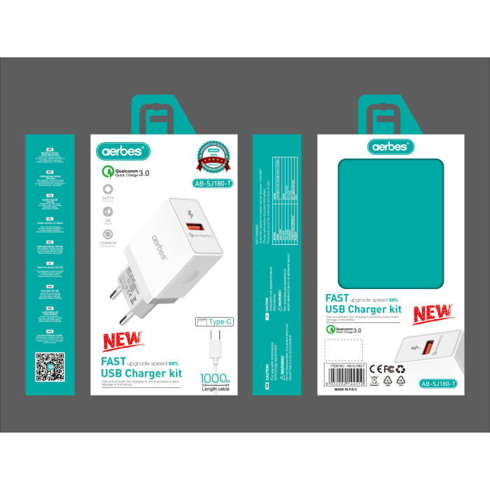 Зарядний пристрій Aerbes AB-SJ180-T Quick Charge 3.0 з кабелем Type-C 1м - 1USB 3A 220V