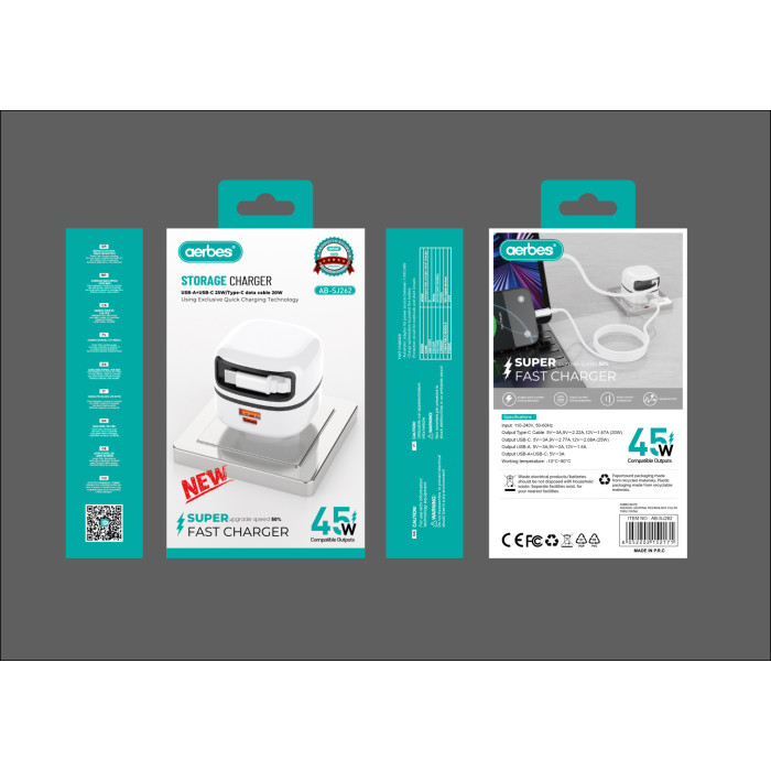 Зарядний пристрій aerbes AB-SJ262 45W USB-A + USB-C з кабелем Type-C 20W швидка зарядка