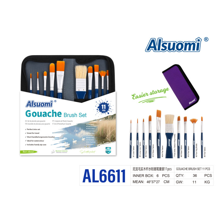 Набір пензлів для гуаші Alsuomi AL6611 11 шт у чохлі на блискавці