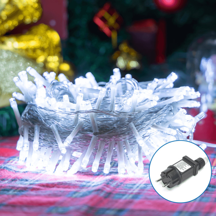 Низковольтная светодиодная гирлянда-нить с прозрачным кабелем 300LED IP44 8 режимов памяти