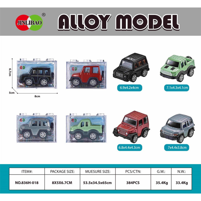 Металева інерційна машинка джип Jinlibao Alloy Model у прозорій коробці-кубику 8x5x6.7 см