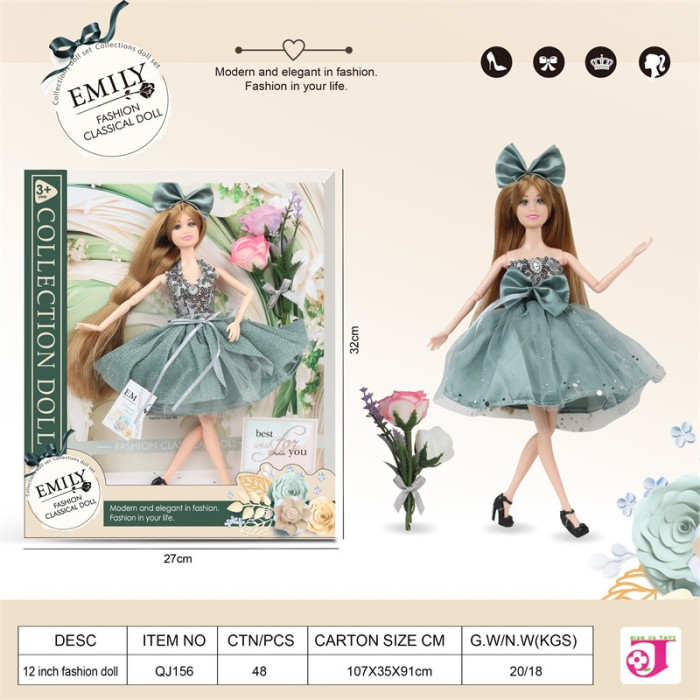 Лялька Emily Fashion Classical Doll 32 см у бірюзовій сукні з бантом і квітами QJ156