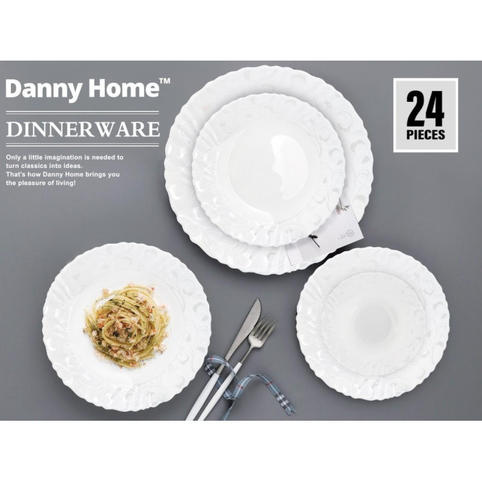 Сервіз столовий Danny Home 24 предмети білий з рельєфним орнаментом