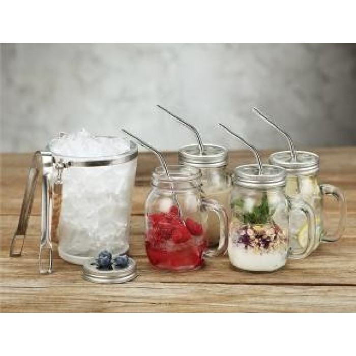 Набір скляних кухлів Mason Jar з металевими трубочками і кришками 4 шт