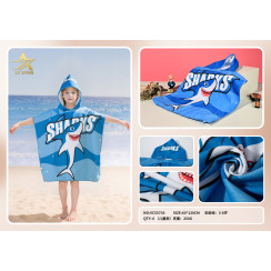 Детское пляжное полотенце-пончо с капюшоном Sharks синий 60x120 см для детей 3-8 лет